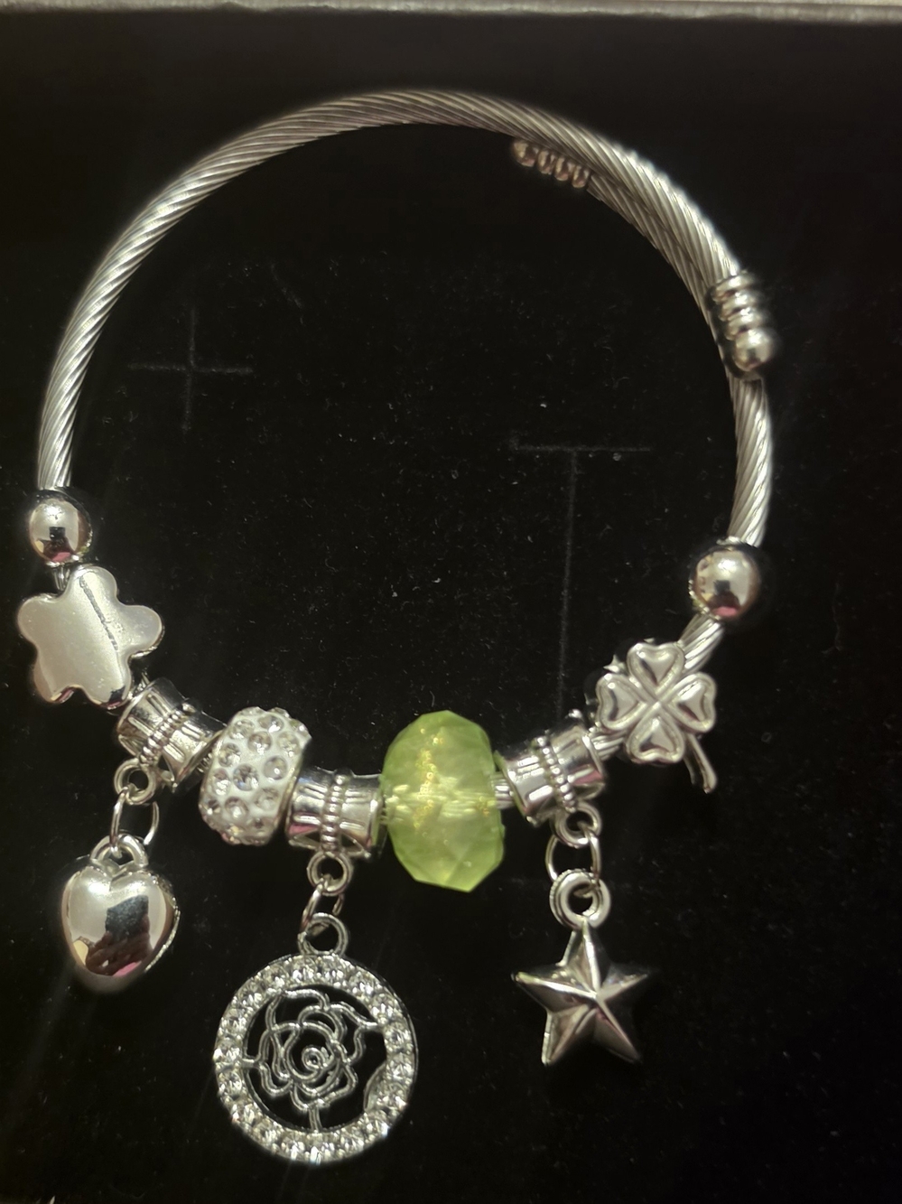 Silver Charm Bracelet with Lime Green Crystal Bead